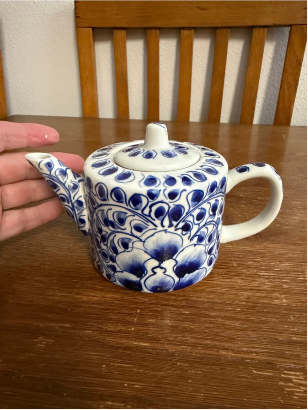 Vintage Hand Painted Blue White Floral Ceramic Teapot with Lid Folk Art Pottery